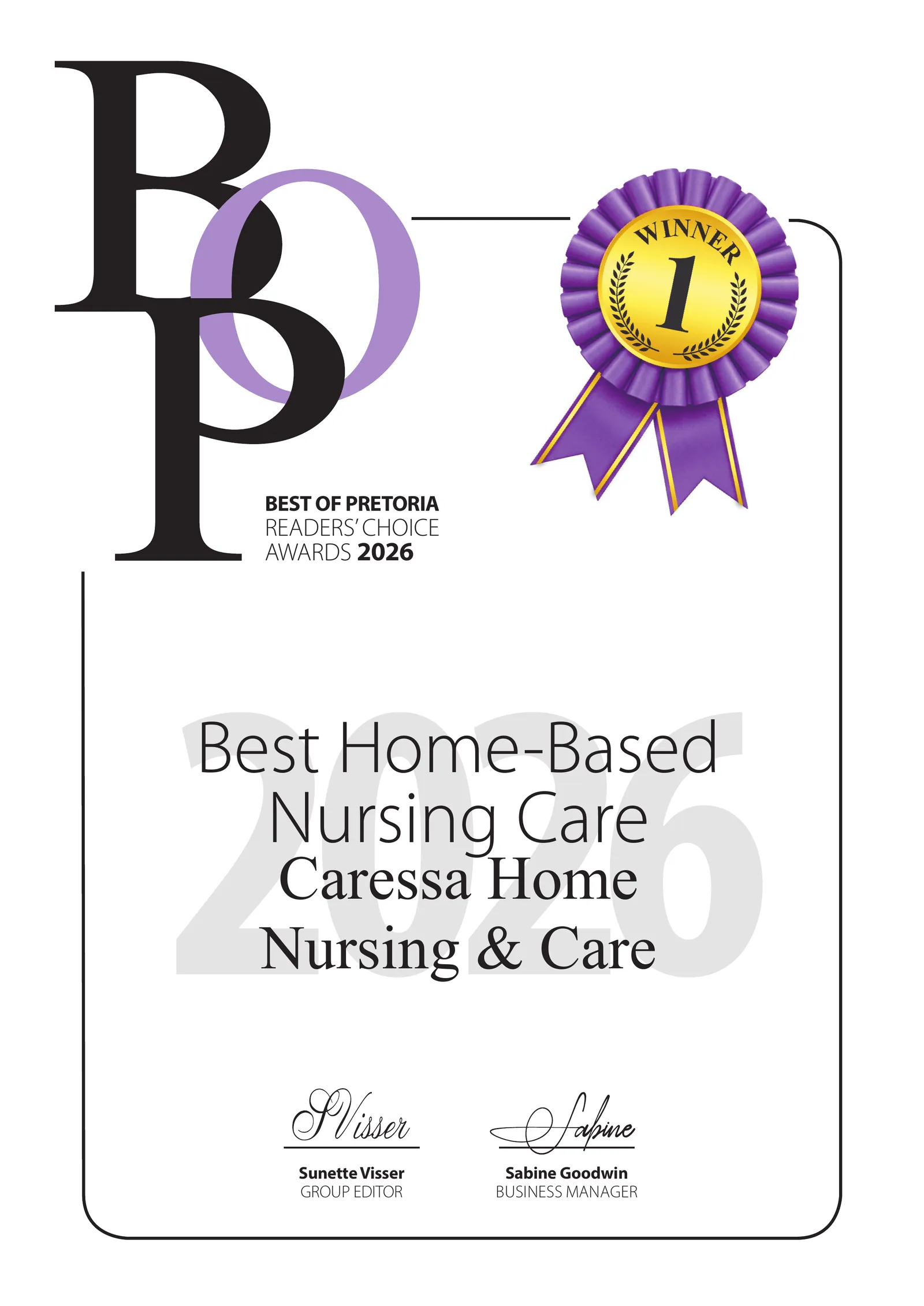 Best of Pretoria Readers' Choice Awards 2026 certificate: Best Home-Based Nursing Care, Caressa Home Nursing & Care